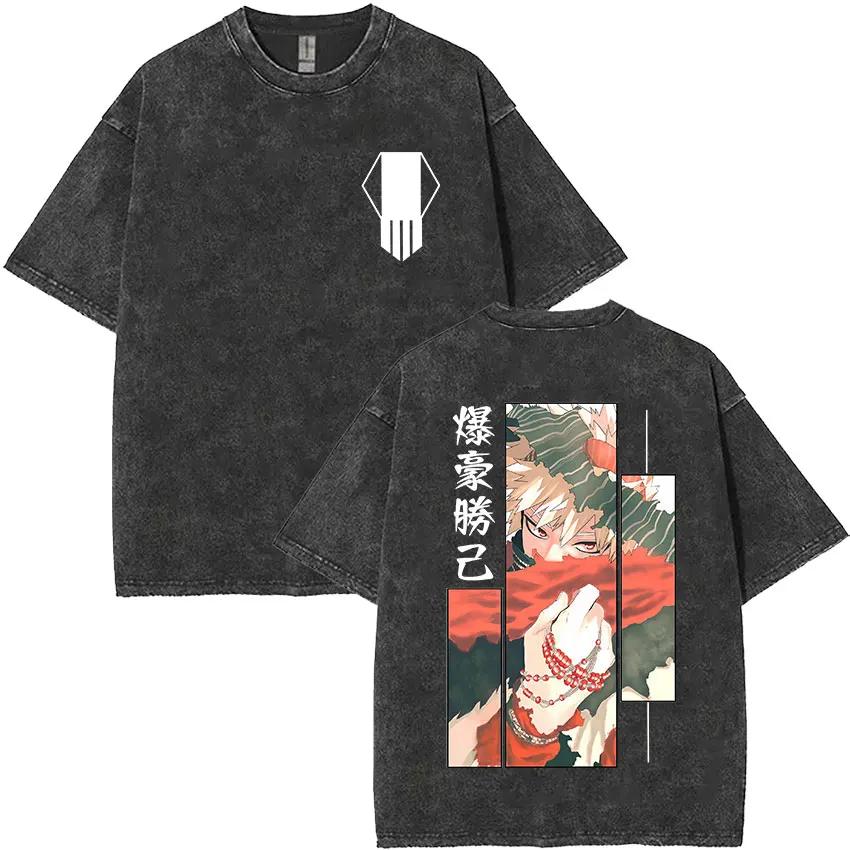 My Hero Academia T-shirt, Black Washed Cotton Tee With Katsuki Bakugou "BAKUGOU" Double Sided Art Print, Oversized Streetwear