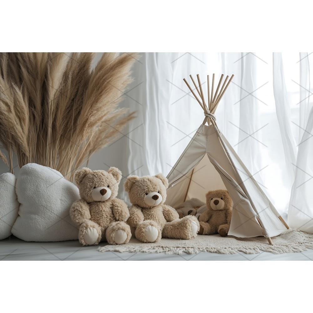 Boho Pampas Teddy Bear Photography Background Balloons Arch Tent Decor Cake Smash Baby 1st Birthday Indoor Photocall Backdrops