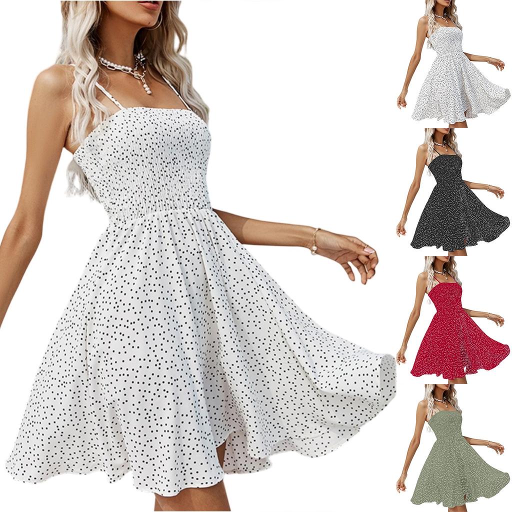 Dámské letní midi šaty áčkového střihu se vzorem puntíků