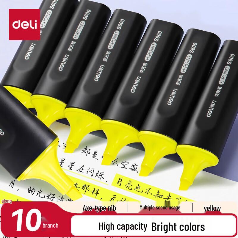 Deli S600 Fluorescent Yellow Highlighter Pen, 10-Pack