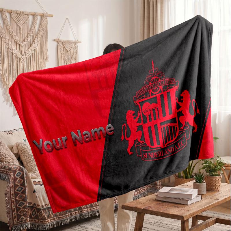 Sunderland FC Personalized Fleece Blanket With Football Logo, Custom Name Text Soft Warm Home Throw Blanket