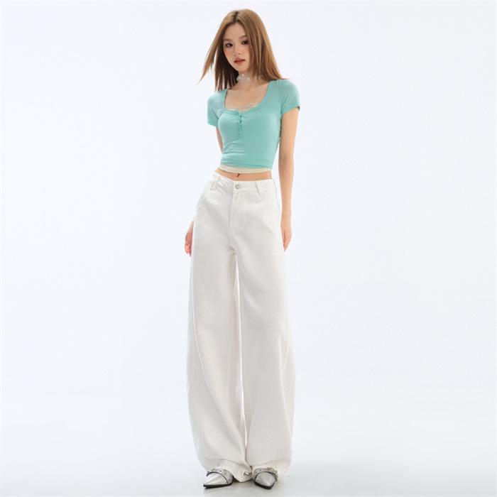 

Women s 2025 Summer Retro Split Patchwork Wide-Leg Jeans Small