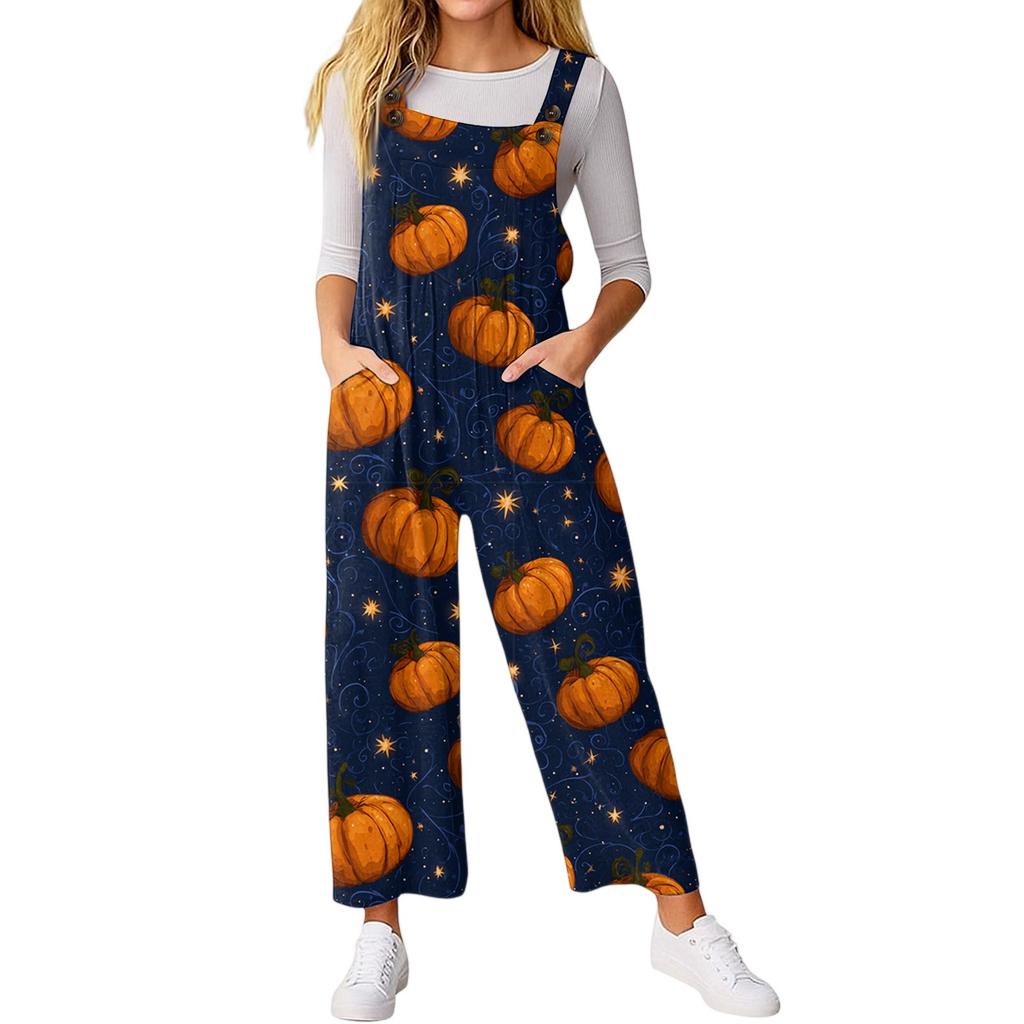 Women’s Loose Casual Sleeveless Jumpsuit Halloween Printed Jumpsuit Printed Jumpsuit