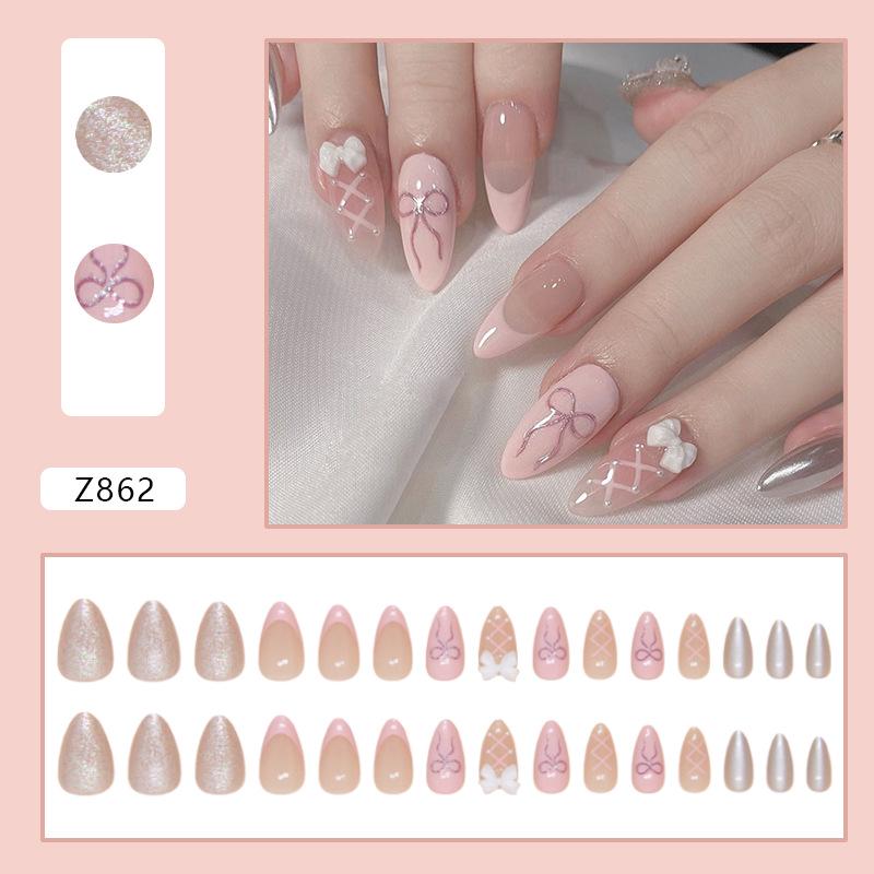 Sweet Pink Bow French Manicure Removable Nail Patches - Wearable, Solid Color, Ins Style False Nails