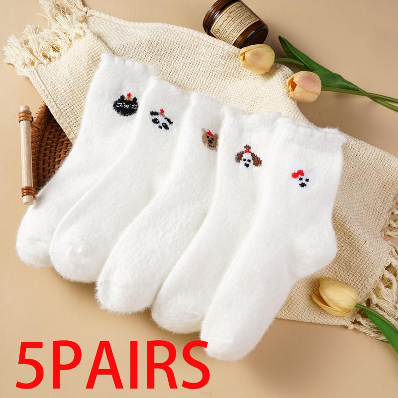 Podzimní a zimní roztomilé zesílené plyšové ponožky Dámské Vyšívaný zvířecí potisk Teplé ponožky do půlky lýtek