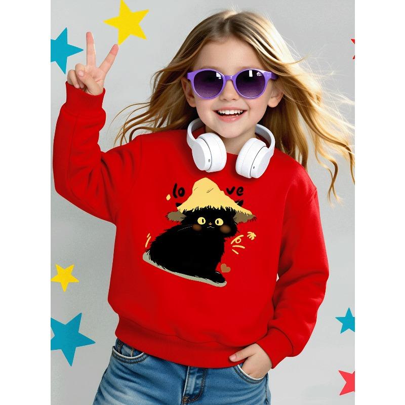Kids Crewneck Sweatshirt, Cute Black Cat with Straw Hat & Love Print, Soft Casual Pullover for Fall Winter