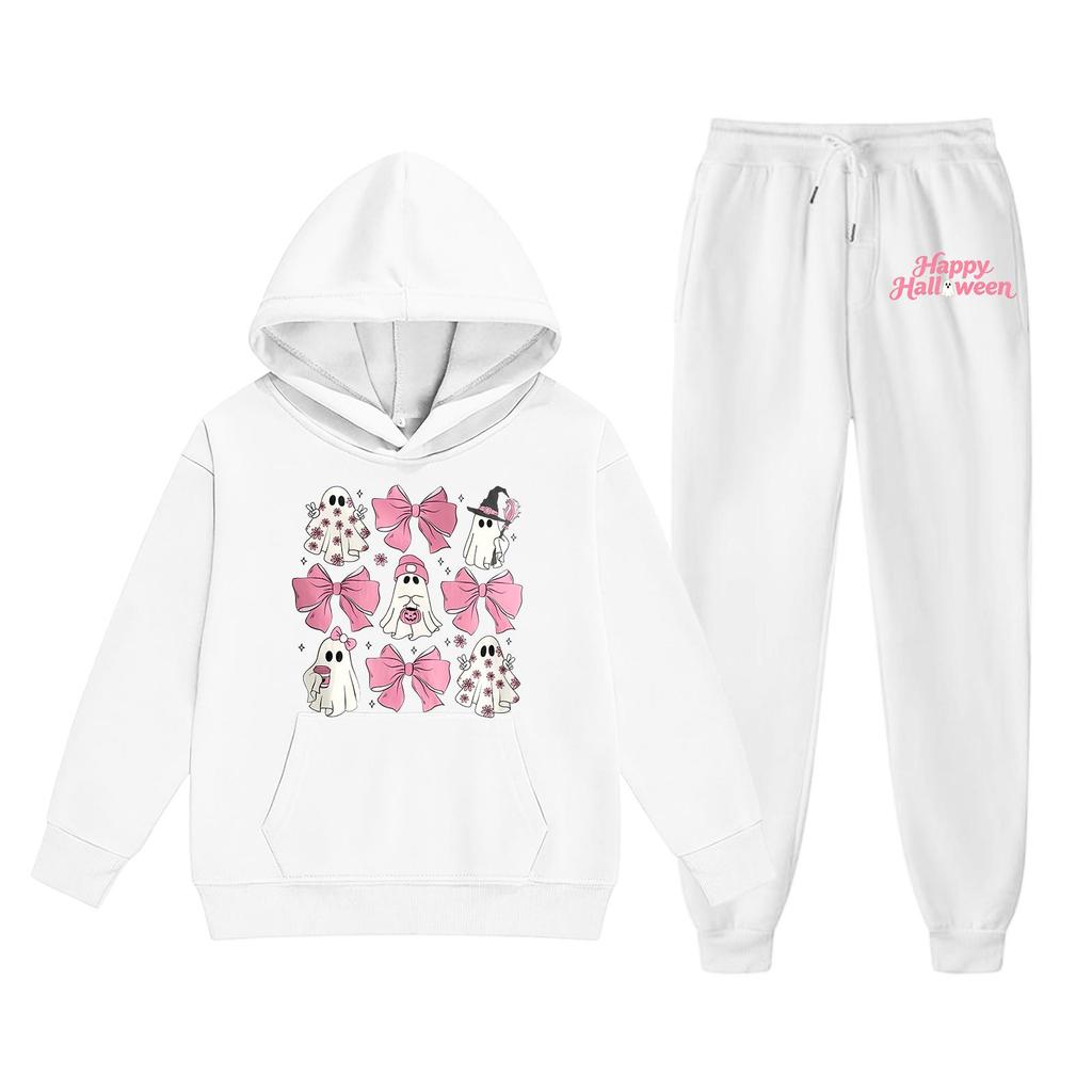 Kids Halloween Hoodie and Pants Set Ghost Print Pullover Sweatshirt with Hooded Top and Elastic Waist Bottom for Children