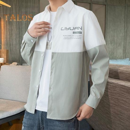 Vår høst herre skjorte turn-down krage trykt colorblock button-down cardigan løs Streetwear Young Cargo Style skjorte kåpe