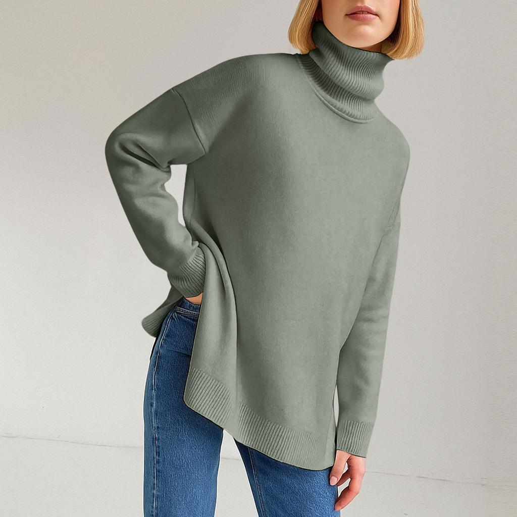Women's Fashion Casual Solid High Collar Hem Split Long Sleeve Sweater Top