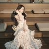 V-neck Chiffon Printed Seaside Vacation Dress, New Ruffle Edge Pendulum Long Dress, Spot Real Shot