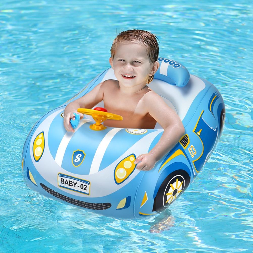 Baby Inflatable Pool Float with Canopy Car Shaped Baby Swim Float with Safty Seat Steering Wheel Horn for Infant Summer