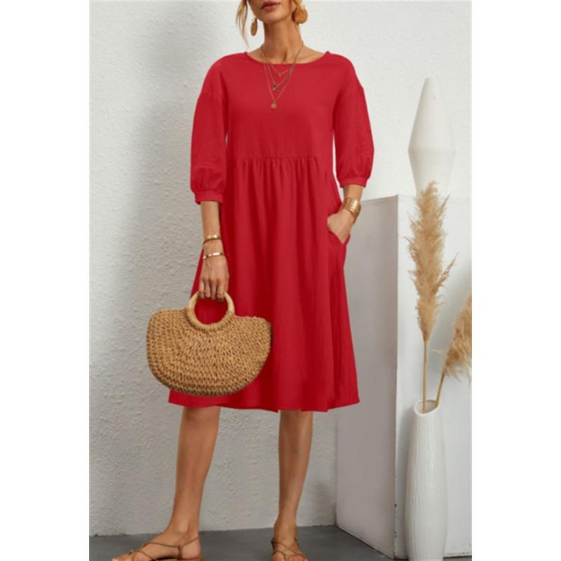 New Women's Solid Color Fashionable Sleeve Loose Cotton Linen Dress