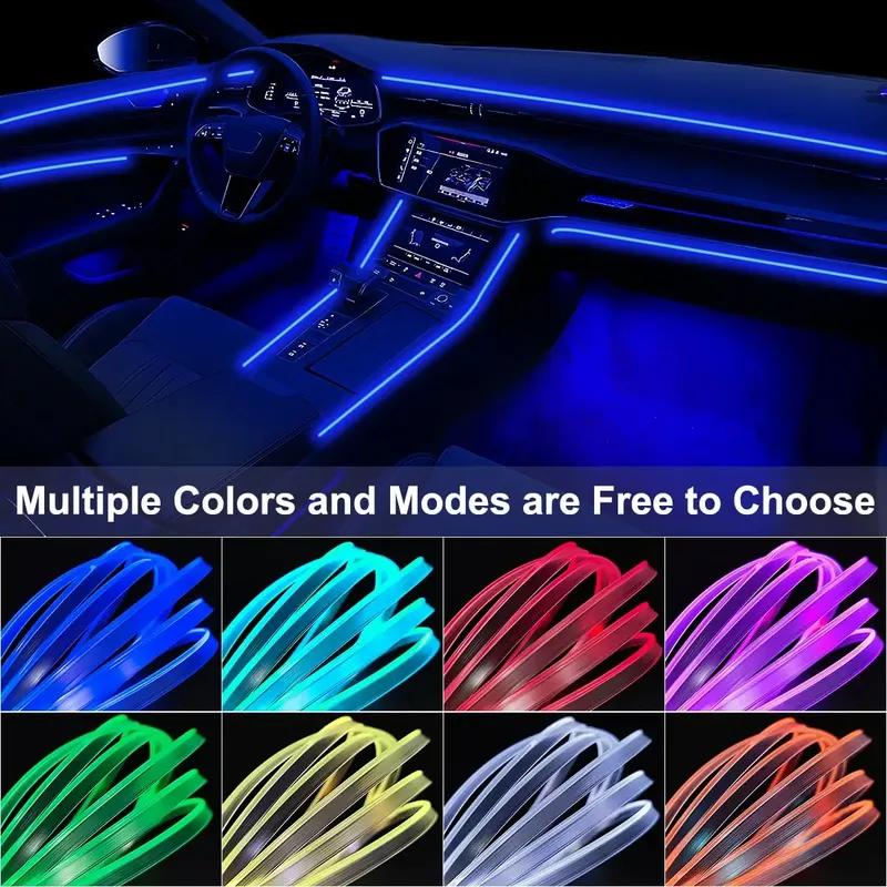 6 In 1 Car Interior Ambient LED Light Kit RGB Strip Lights with Fiber Optic Tube APP and Remote Control Neon Mood Sync Lighting