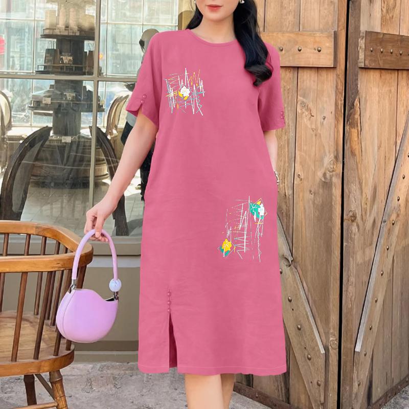 

ZANZEA Женское летнее повседневное платье с круглым вырезом, короткими рукавами и принтом S камео розовый