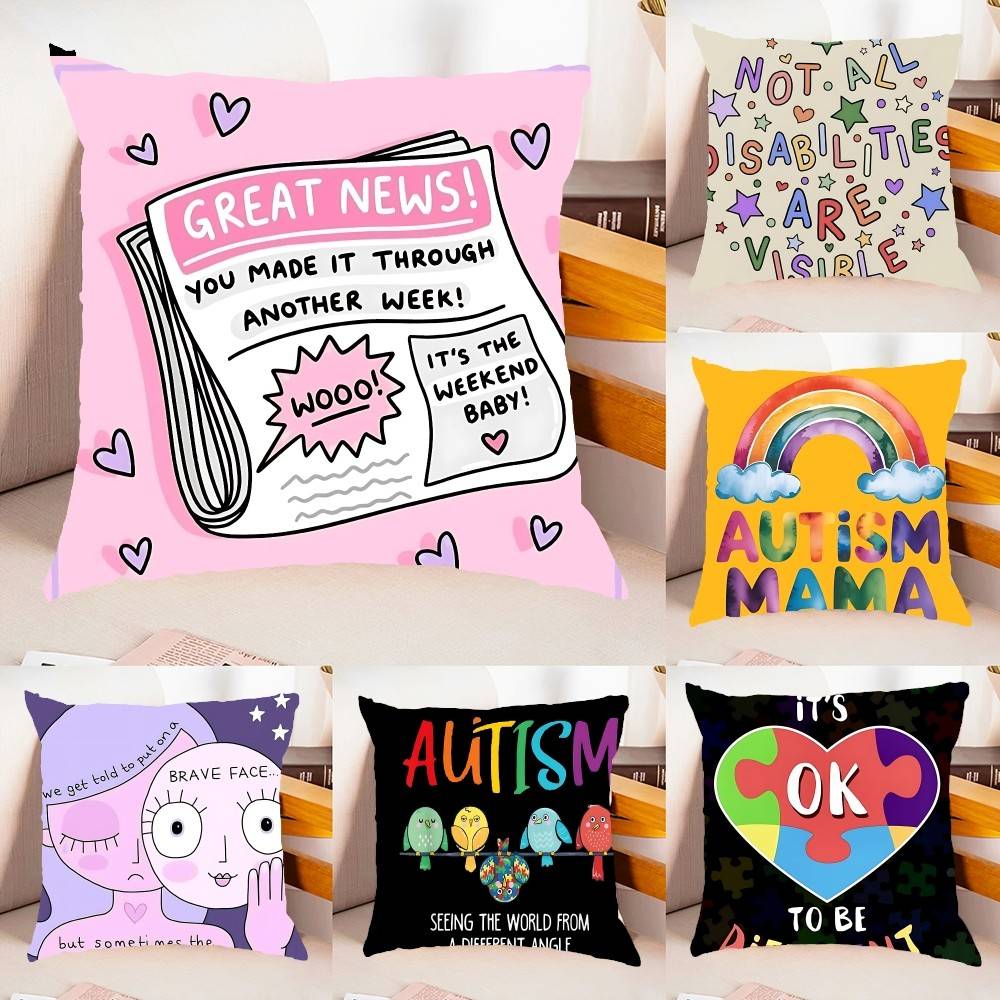 Autism Acceptanc Creative Slogan Pillow Case Cushion Cover Soft Throw Pillow Case For Car Sofa Pillowcase Polyester With Zipper