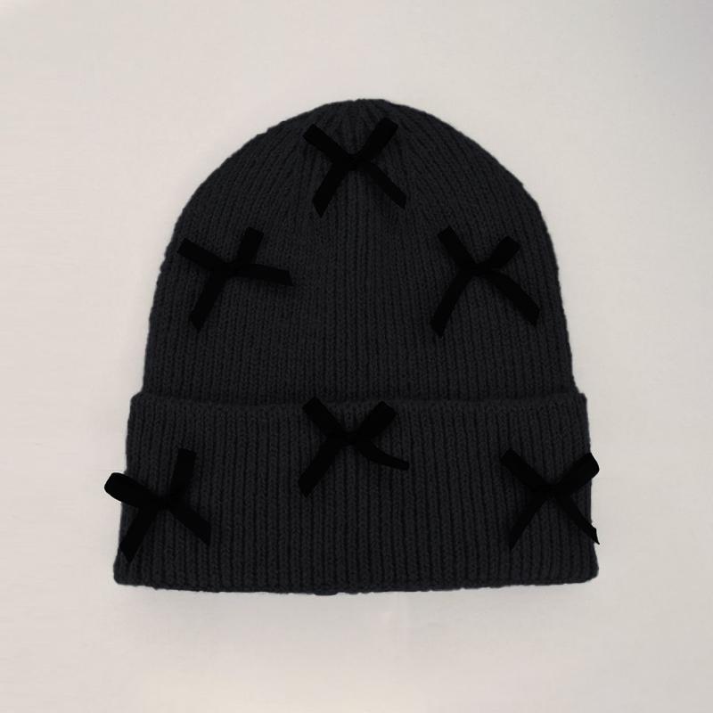 Korean Style Bow Knitted Hat Ear Protection Warm Face Small Wool Hat one size чёрный