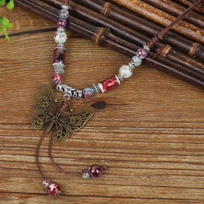 Qingge Ethnic Style Necklace, Retro Versatile Butterfly Color Glaze Pendant, Sweater Chain, Changchun Summer, Women'S Land