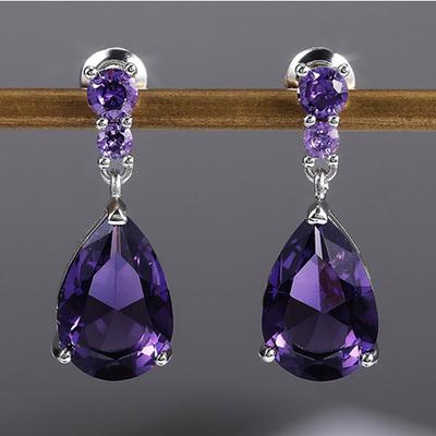 Cercei tip pandantiv cu șarm de picătură de apă din zirconiu cubic AAA Sterling pentru femei, verighetă, bijuterii, alb/violet, calitate înaltă