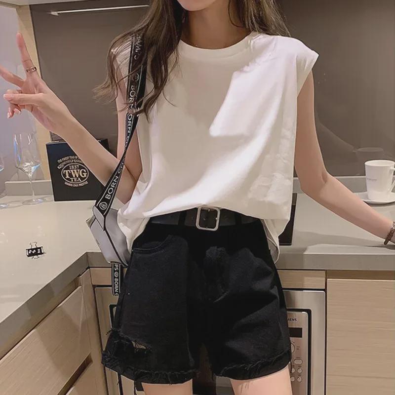 Women's Sleeveless Right-Angle Shoulder T-Shirt Vest - Casual Loose Fit, I-Shaped, Solid Color for Summer.