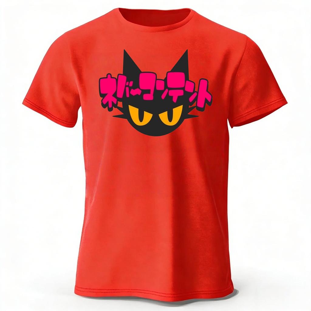 Japanese New Cyberpunk Neon Black Cat Pure Cotton Tshirt Mens Loose Oversized Short Sleeved Tshirt Casual Round Neck Top