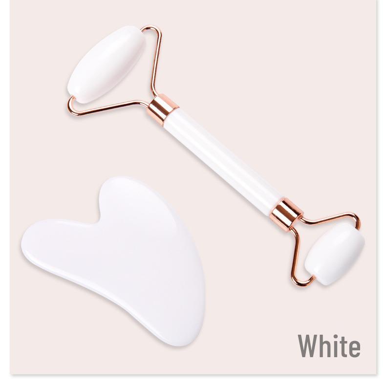 Rose Quartz Facial Roller & Heart-Shaped Gua Sha Set - Double-Headed Eye Massager and Lifting Tool.