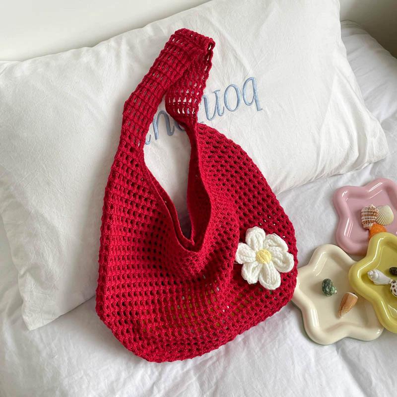 Solid Color Knitting Shoulder Bag Flower Large Capacity Bohemian Crochet Tote Bag Hollow Out Versatile Casual Woven Handbag