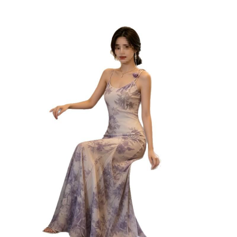 New Chinese-style purple suspender dress, spring and summer new step-by-step lotus waist and thin temperament fishtail skirt