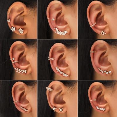 Set di Clip per Orecchini Geometriche a Foglia e Fiore in Oro con Zirconi e Perle da Donna (Nessun piercing)