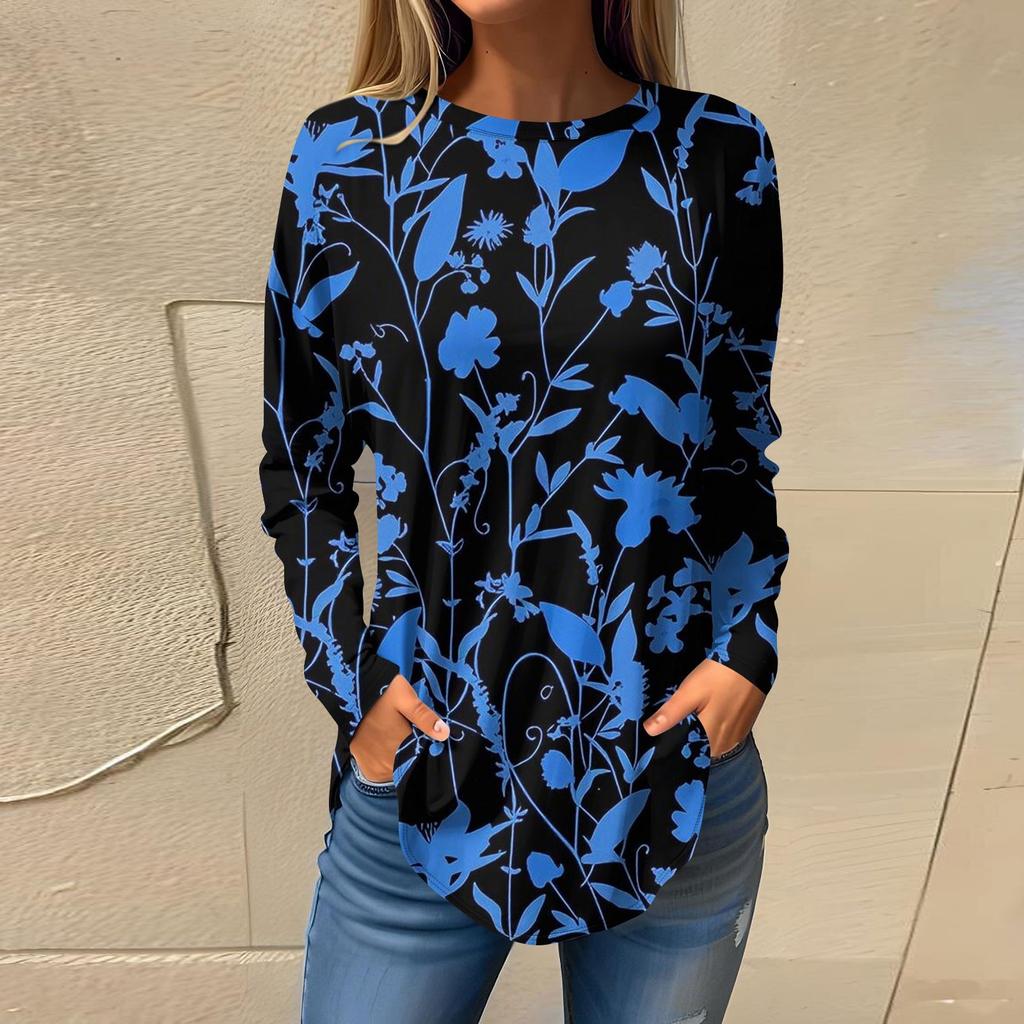 Women's Fashion Casual Round Neck Floral Long Sleeve T-shirt Pullover Long Sleeve Top