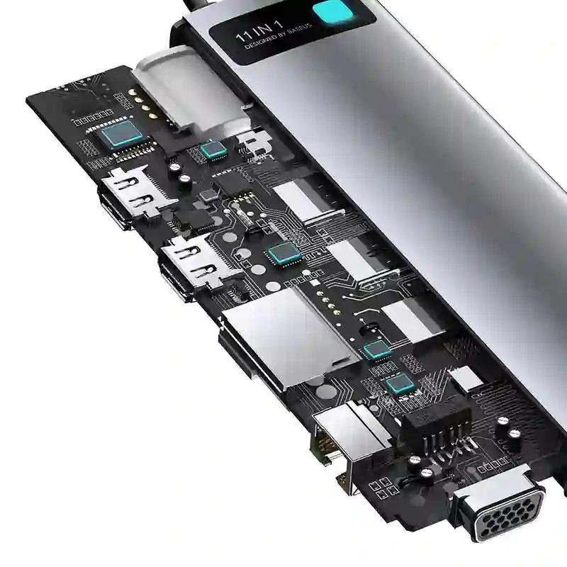 Hub 11W1 Baseus Metal Gleam Series, Usb-C Do 3X Usb 3.0 + 2X Hdmi + Usb-C Pd + Ethernet Rj45 + Microsd/Sd + Vga + Aux