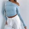 Women's One-Shoulder Ruched Long Sleeve Cropped Top - Autumn Style