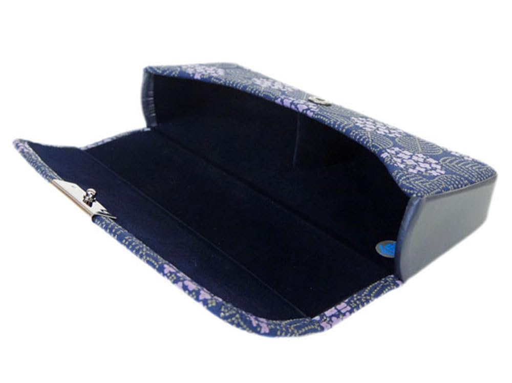 Large Hard Eyeglass Inden Navy Blue Deerskin with Gray Purple Chintz Hydrangea Pattern [Inden-ya] Case, 8007, Misono, Lacquer, Design,