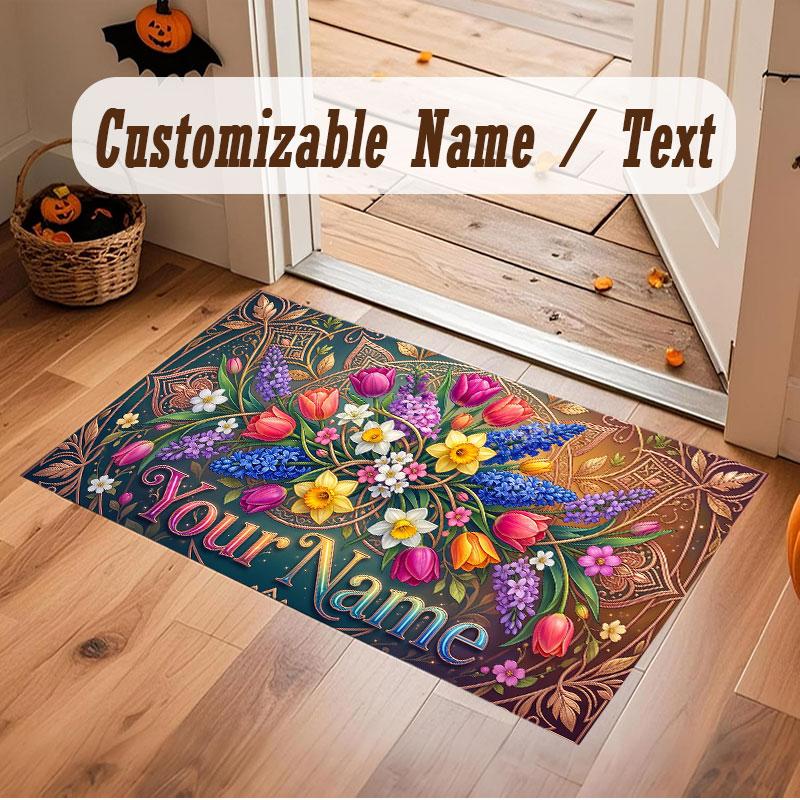 Floral Garden Theme Crystal Velvet Floor Rug Personalized Custom Name Text Warm Carpet Home Decoration