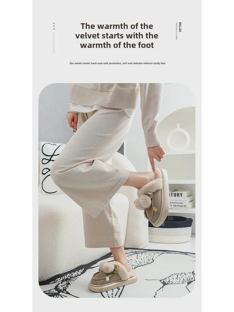 Útulné dámské bavlněné pantofle s roztomilými kožešinovými bambulkami, plyšovou podšívkou a silnou podrážkou pro vnitřní použití - Skvělé pro páry na podzim a zimu