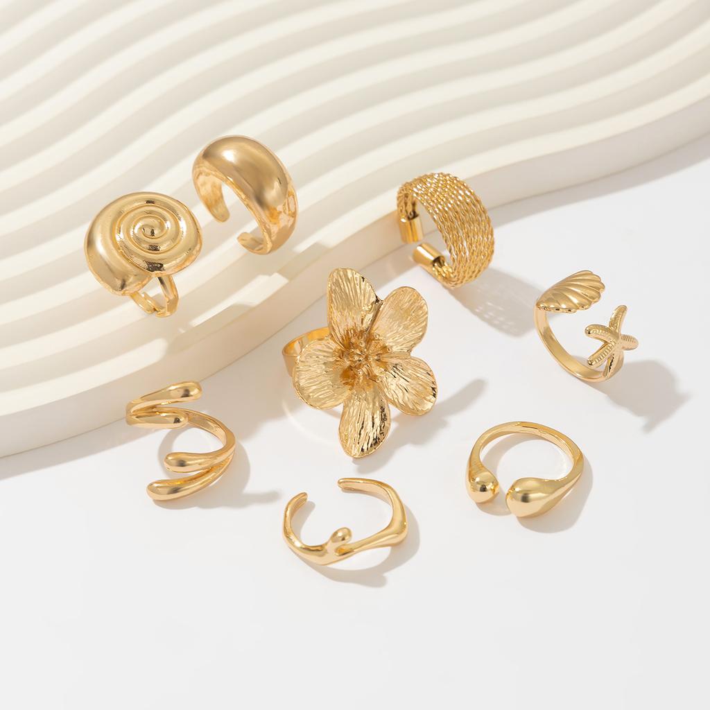 Summer Vacation Starfish Scallop Open Ring Set for Women Men Gold Color Glossy Alloy Flower Adjustable Ring Jewelry Gift