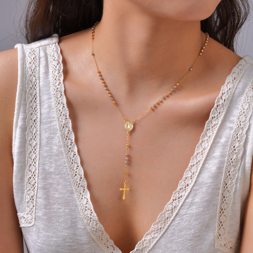 Vnox Long Rosary Necklace Accesorios Stainless Steel Virgin Mary Oval Bar With Cross Pendant Fashion Jewelry