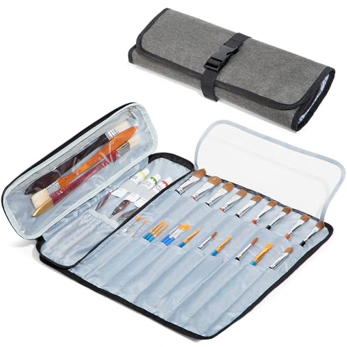 Teamoy Paintbrush Storage Case, Paintbrush Set Storage Bag, 21 Slots, Foldable, Easy to Wipe, with Zipper and Buckle Closure, Paintbrush Set Organizer