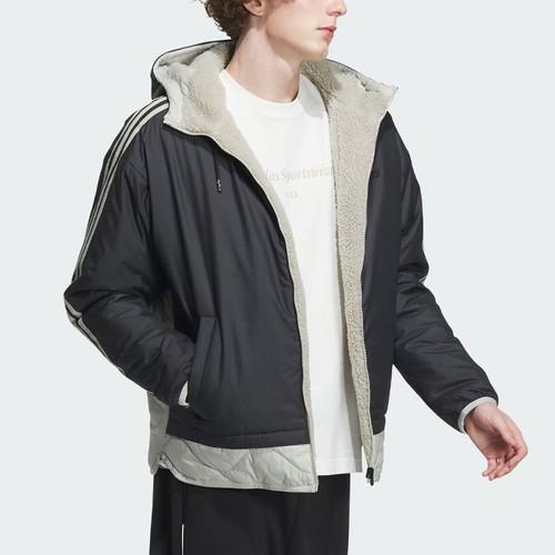 adidas Colorblock Reversible Fleece Hooded Sports Casual Jacket for Men, Black