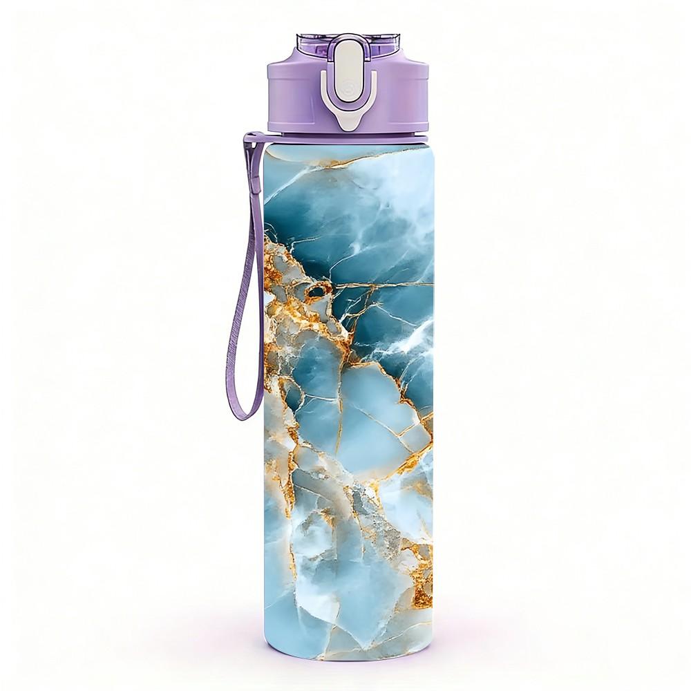 1PC Light Blue Gold Vein Marble Swirl Texture 750ml Color Plastic Sports Water Bottle Leakproof Flip Straw Lid Suitable for Sports Office Home Use