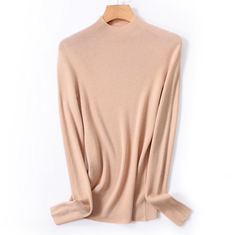Machine Washable Fine-Spun Wool Sweater: 2026 Autumn/Winter Women's Slim Fit Knit with Half-High Collar.