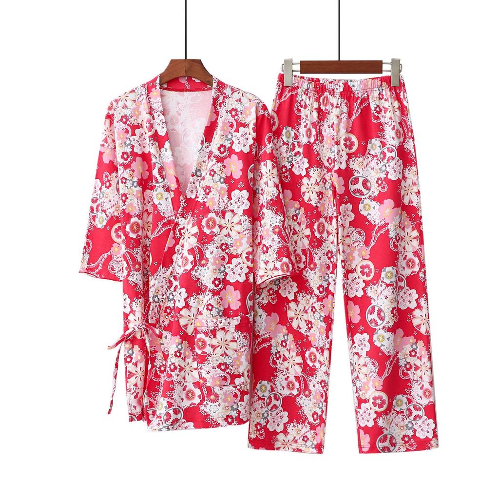 Pink Japanese kimono tether seven-quarter sleeve trousers loose cotton home pajamas set female spring and autumn girl thin