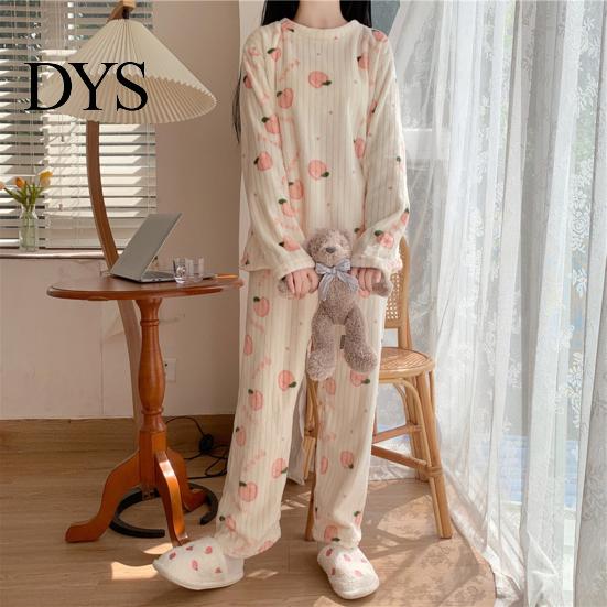 Lady Loungewear 2 Pcs/Set Women Winter Pajamas Set Round Neck Cartoon Bear And Peach Pattern Cozy Long Sleeve Coral Fleece Homewear Top Pants