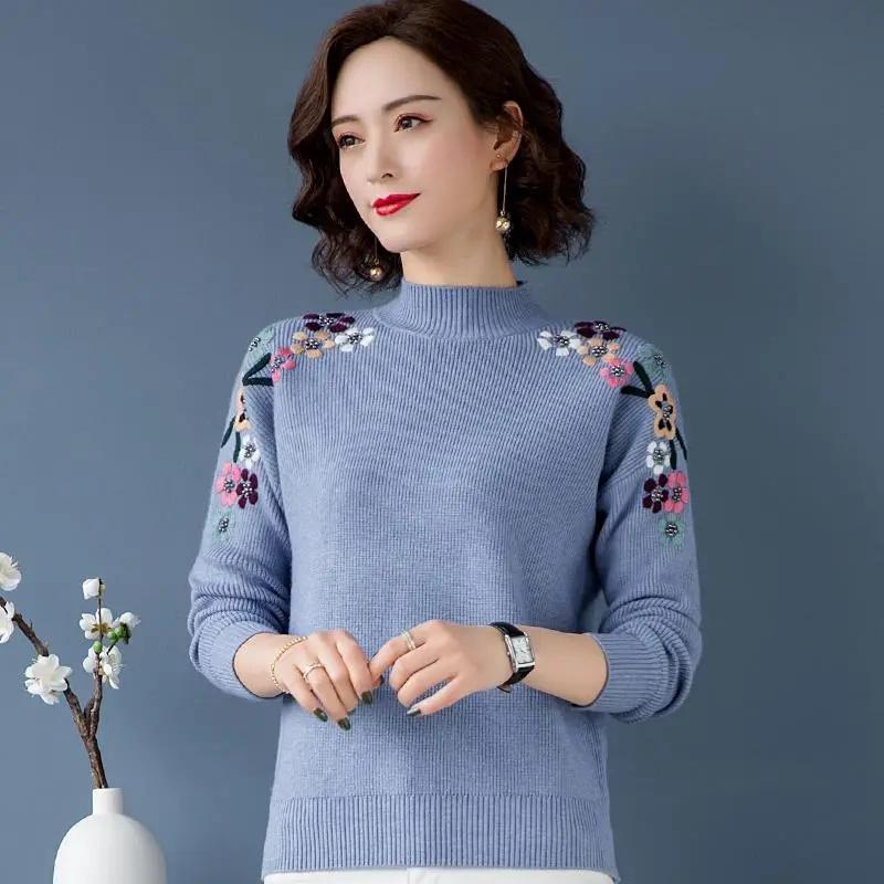 

Женские тонкие полуводолазки с вышивкой, трикотажные пуловеры, женские модные эластичные свитера на осень и зиму, повседневные трикотажные топы большого размера 3XL синий