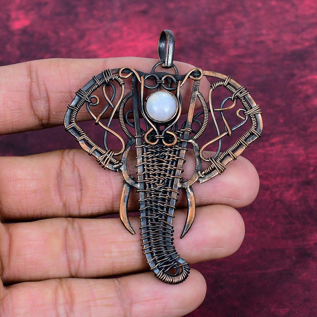 Rainbow Moonstone Pendant Copper Wire Wrapped Elephant Jewelry Gemstone Pendant