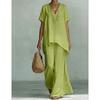Fashion Loose Cotton Linen Short-sleeved Trousers 2 Piece Set Women Summer Casual V-neck Retro Female Wide-leg Trousers Suit