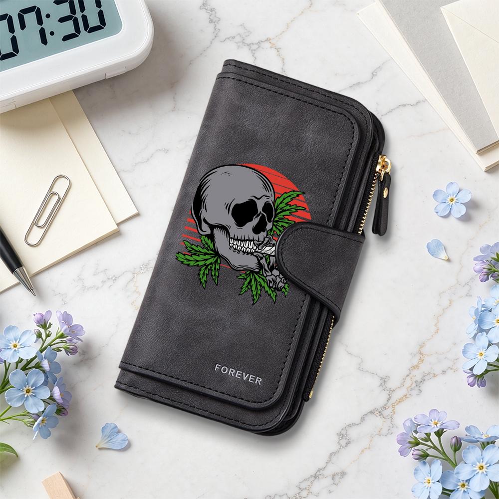 Gothic Skull Print Long Wallet Fashion PU Leather Card Holder Portable Daily Use Purse
