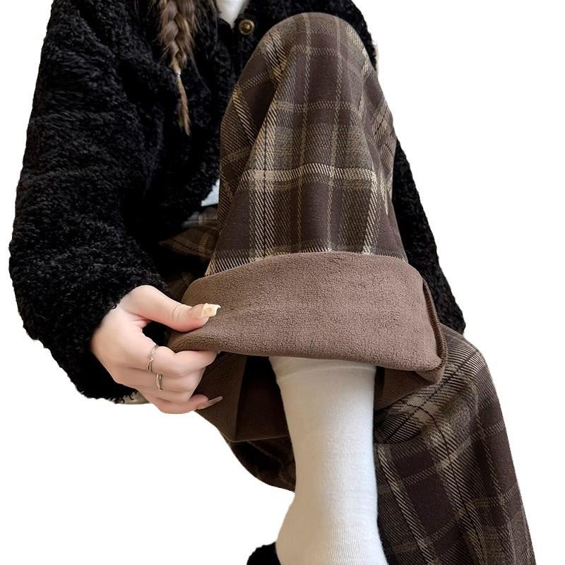 150cm Christmas Plaid Wide-Leg Pants for Petite Women - Autumn & Winter Casual Versatile Outfit