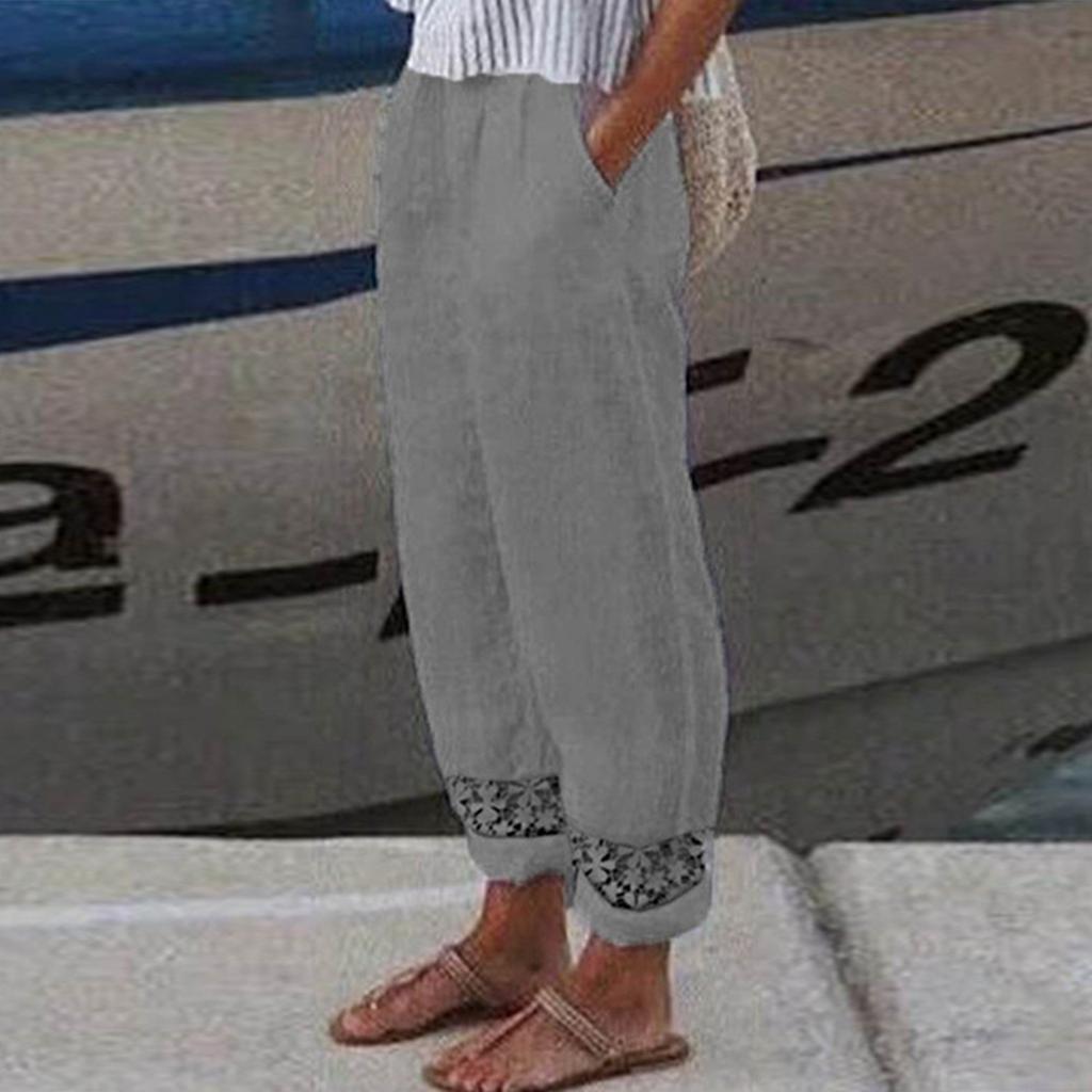 Women's Casual Solid Color Lace Splicing Nine Minute Pants Loose Elastic Waist Straight Pants Comfortable Pocket Nine Minute Pants