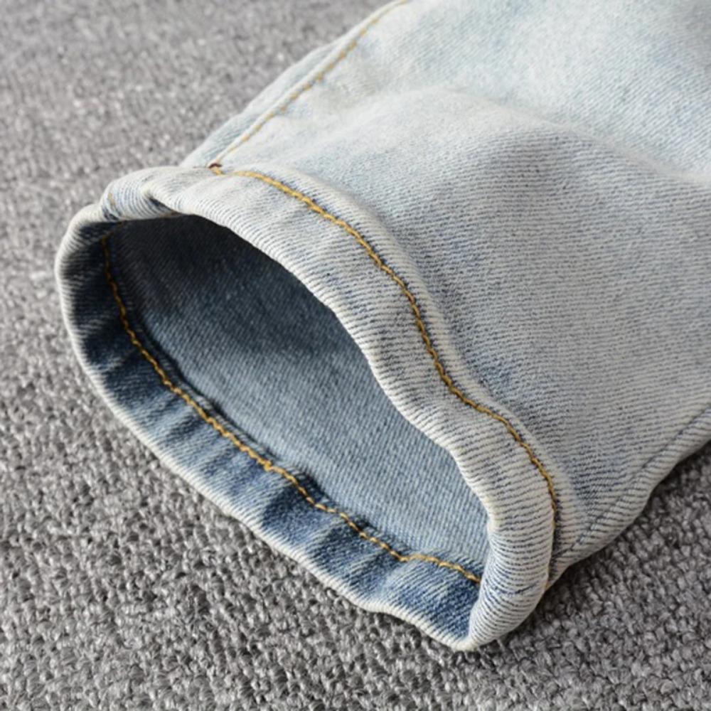 ZYLLO Pánské křišťálové dírkované roztrhané patchworkové džíny Streetwear Světle modrá džínovina Úzké slim džíny tužkového střihu Kalhoty