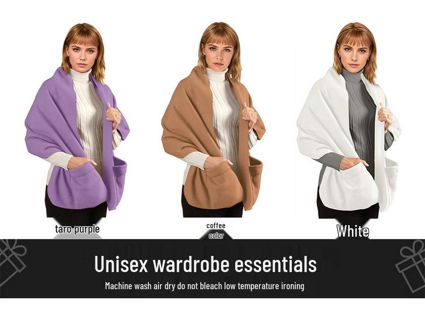 Unisex Thick Fleece Scarf Cape with Pockets - Warm, Solid Color, Wearable Shawl